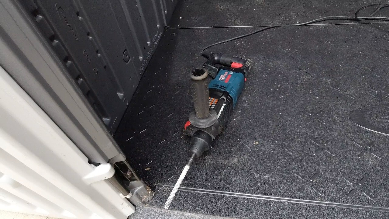 This is the Bosch Bulldog Xtreme 8 Amp 1 in. Corded Variable Speed SDS-Plus Concrete/Masonry Rotary Hammer Drill we used to drill the holes for the Tapcon anchors. 
