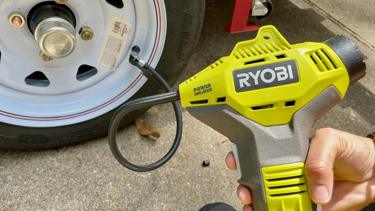 The Ryobi Power Inflator makes it easy to add air to low tires. It's battert operated.