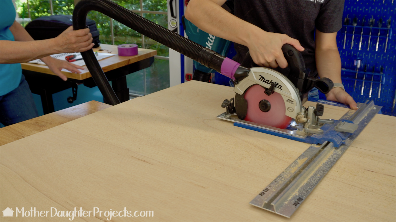 Making cuts with the Makita Subcompact circular saw and Kreg rip cut jig. 
