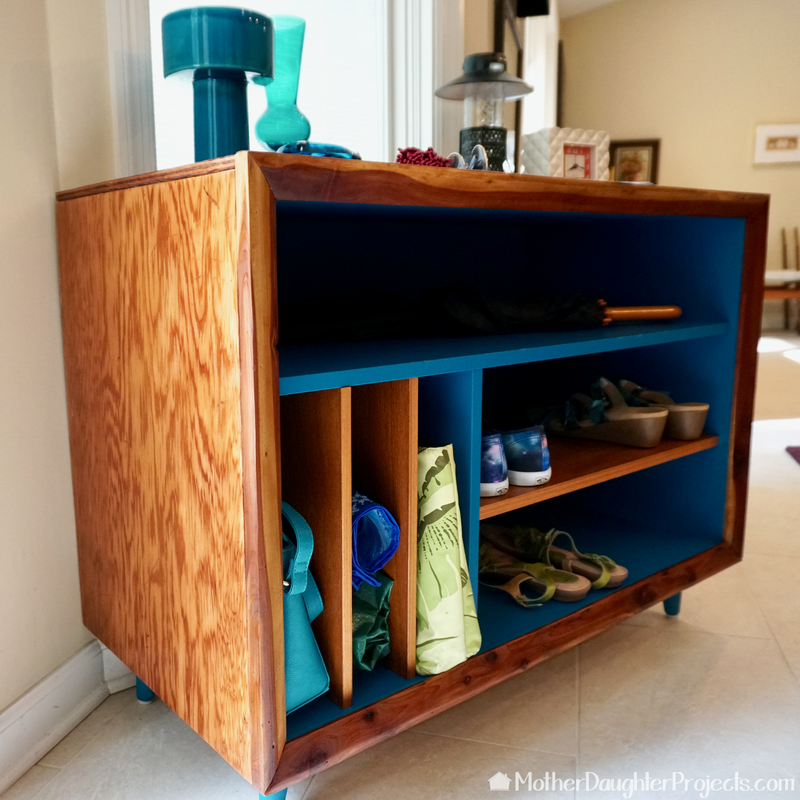 Learn how to use thrifted mid century modern furniture to make a drop zone cabinet for shoes, mail, purse and more. Also great Ikea hack ideas! Video included.