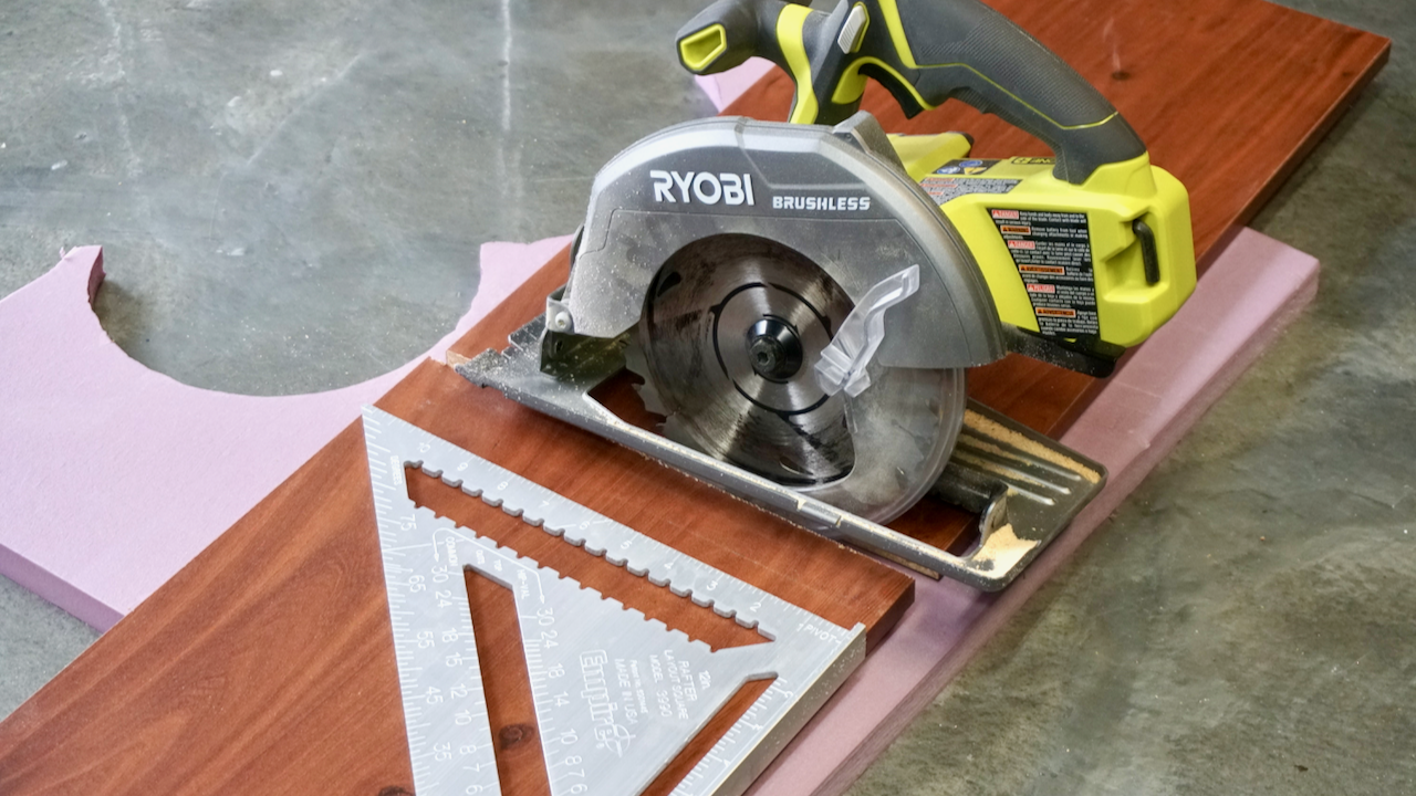 Cutting the shelf with the Ryobi brushless circular saw.