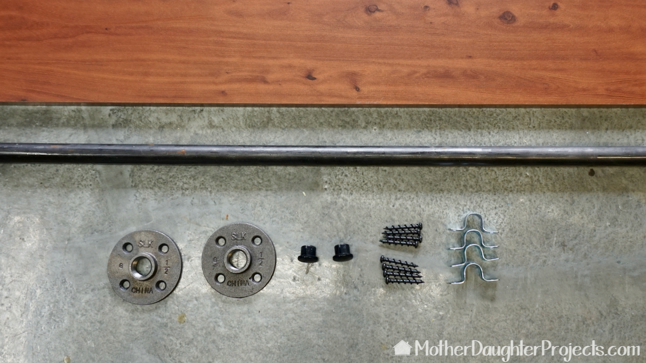 All the metal pipe parts needed for the shelf.