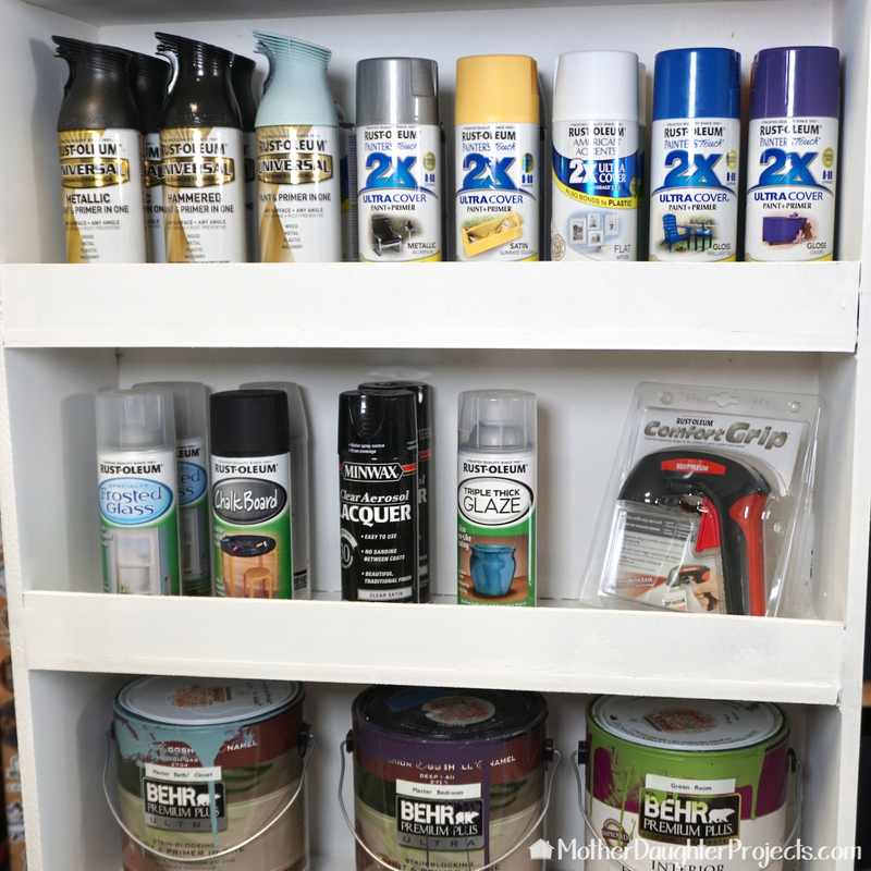 The shelves provide lots of storage for spray paint. 